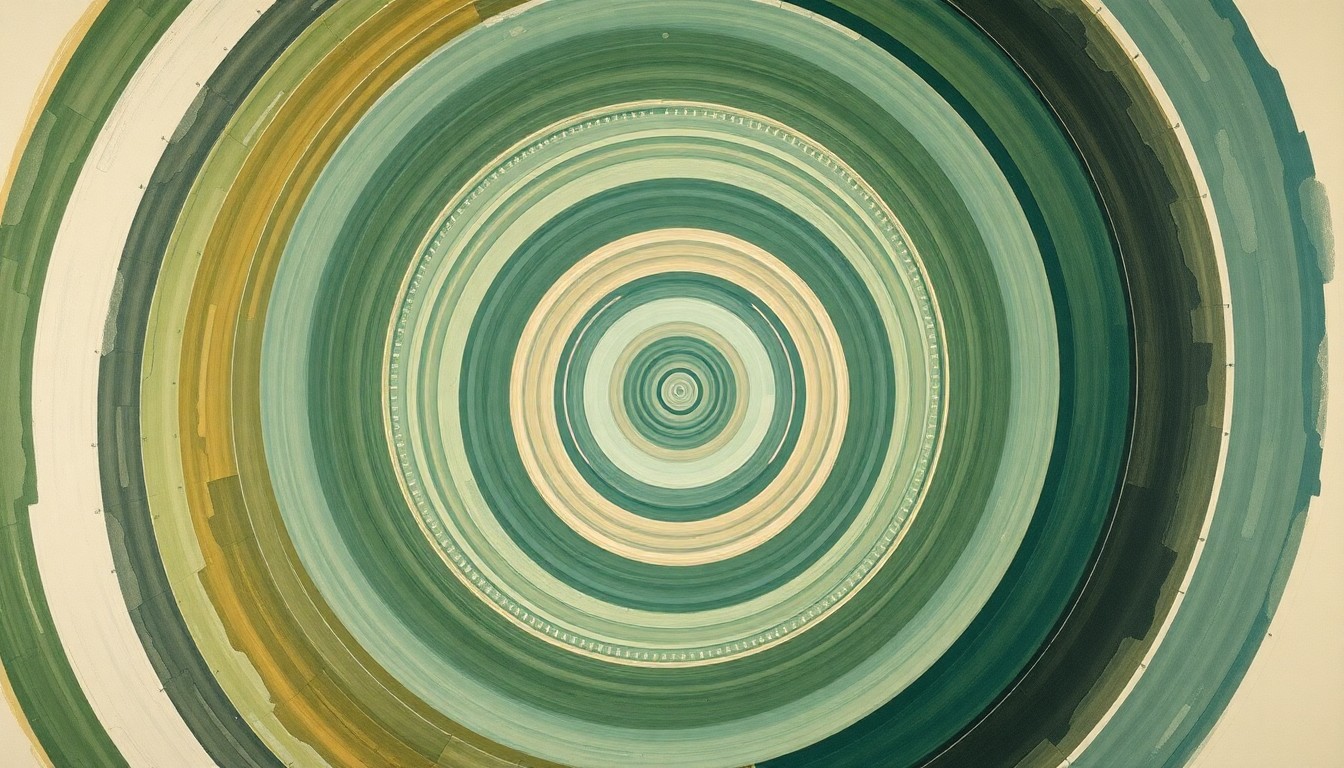 A bold, abstract painting in earthy tones of green, blue, and brown, featuring sweeping geometric arcs, concentric planetary circles, and precise botanical spirals, conceptually representing the complex scientific forces and concepts behind the origins of Earth's water.