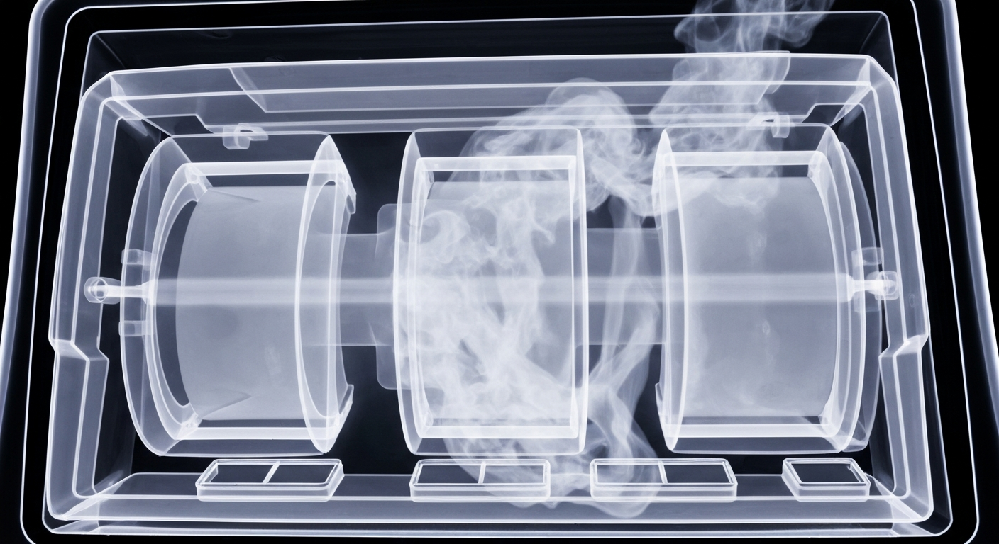A ghostly, translucent X-ray image revealing the internal mechanisms of a casino slot machine, conceptually representing the hidden health risks of secondhand smoke in gaming venues.