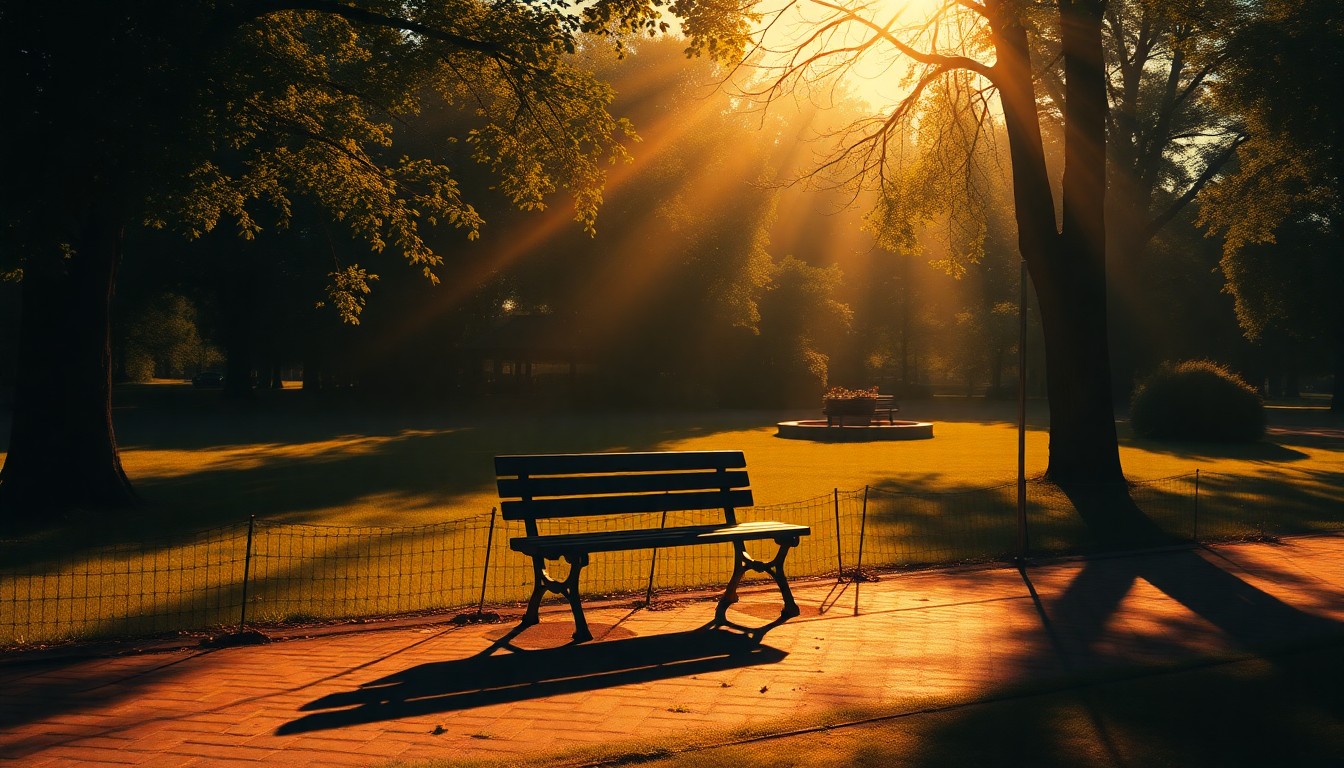 A peaceful oil painting depicting an empty park bench surrounded by lush greenery, with warm sunlight casting long shadows across the scene, conveying a sense of quiet contemplation and community connection.