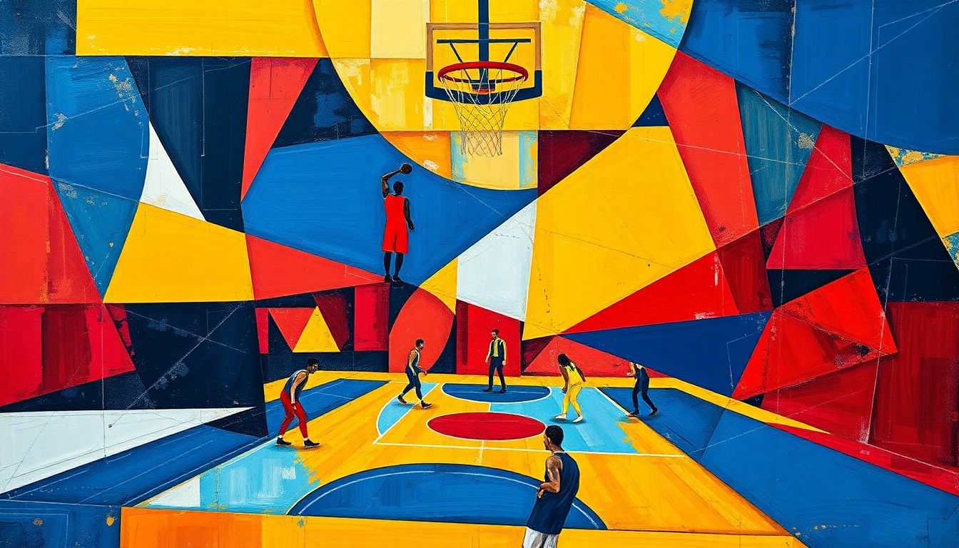 A cubist, geometric painting depicting a basketball game broken down into sharp, overlapping planes of color, capturing the dynamic energy and movement of the sport.