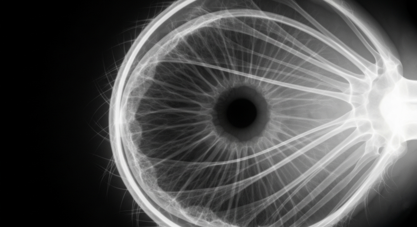 A highly detailed, translucent X-ray-style image of the internal anatomy of a human eye, with the various structures and components rendered as glowing, ghostly lines against a dark background, conveying the complexity of the eye's workings.