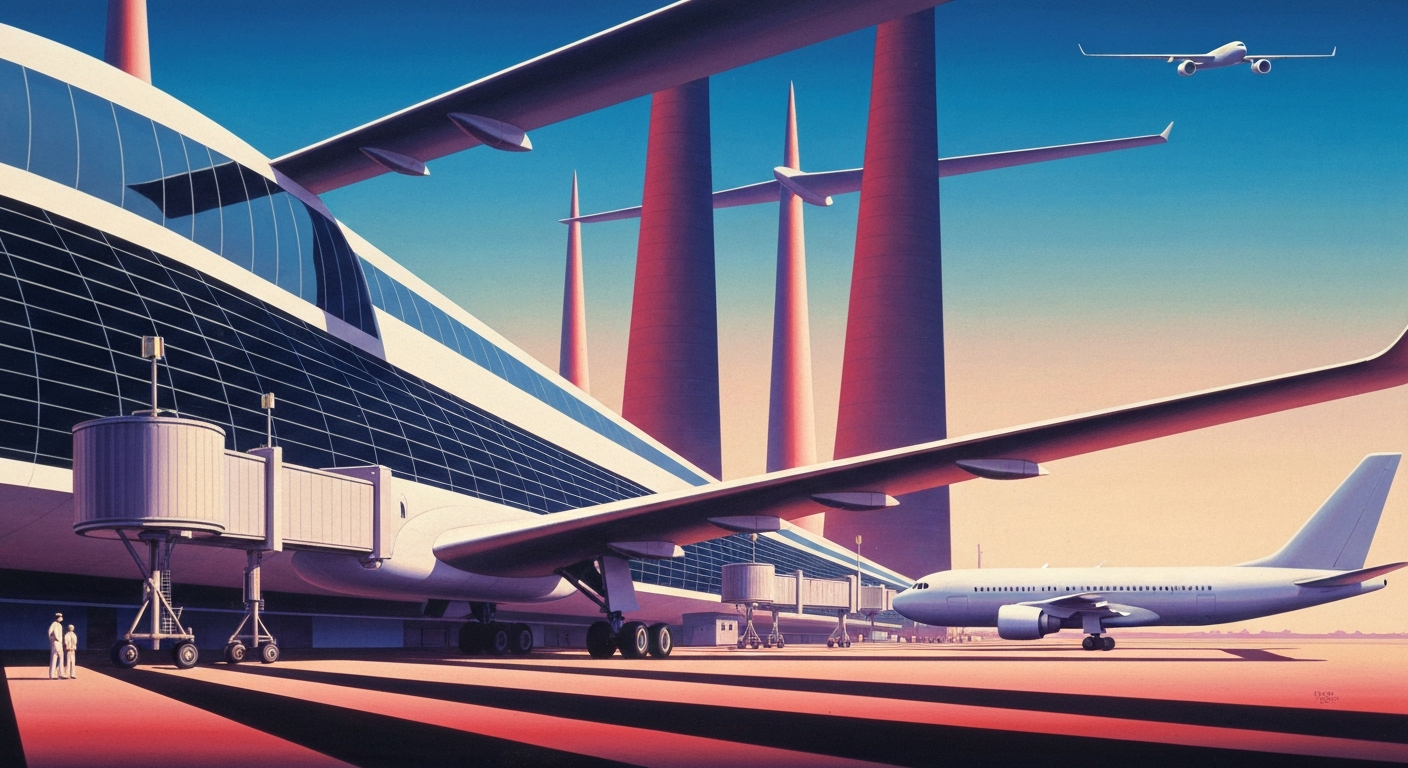 A highly stylized, geometric illustration depicting the sweeping, monumental architecture of an airport terminal, rendered in a bold, Art Deco-inspired visual style with smooth gradients and streamlined forms, conceptually representing the scale and grandeur of air travel.