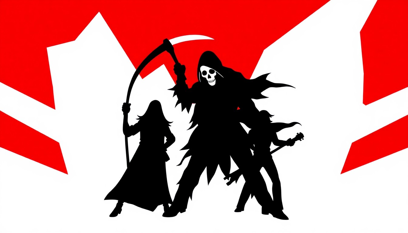 A bold, abstract composition of jagged black silhouettes and high-contrast red and white geometric shapes, representing the iconic Blue Öyster Cult song '(Don't) Fear the Reaper' in a minimalist, conceptual style.