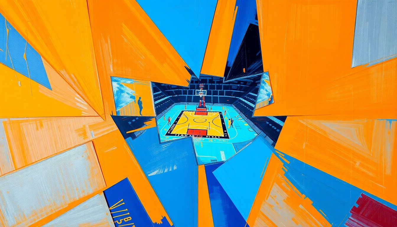 A fractured, cubist-style painting depicting a WNBA basketball game, with players and the court broken down into sharp, overlapping geometric shapes in vibrant colors like electric blue, neon orange, and metallic silver, capturing the dynamic energy of the sport.