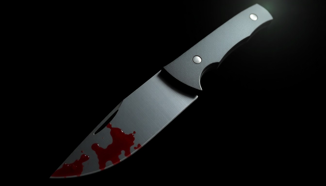 An extreme close-up photograph of a folding knife with suspected blood on it, creating a stark, gritty, investigative aesthetic without any text or identifiable elements.