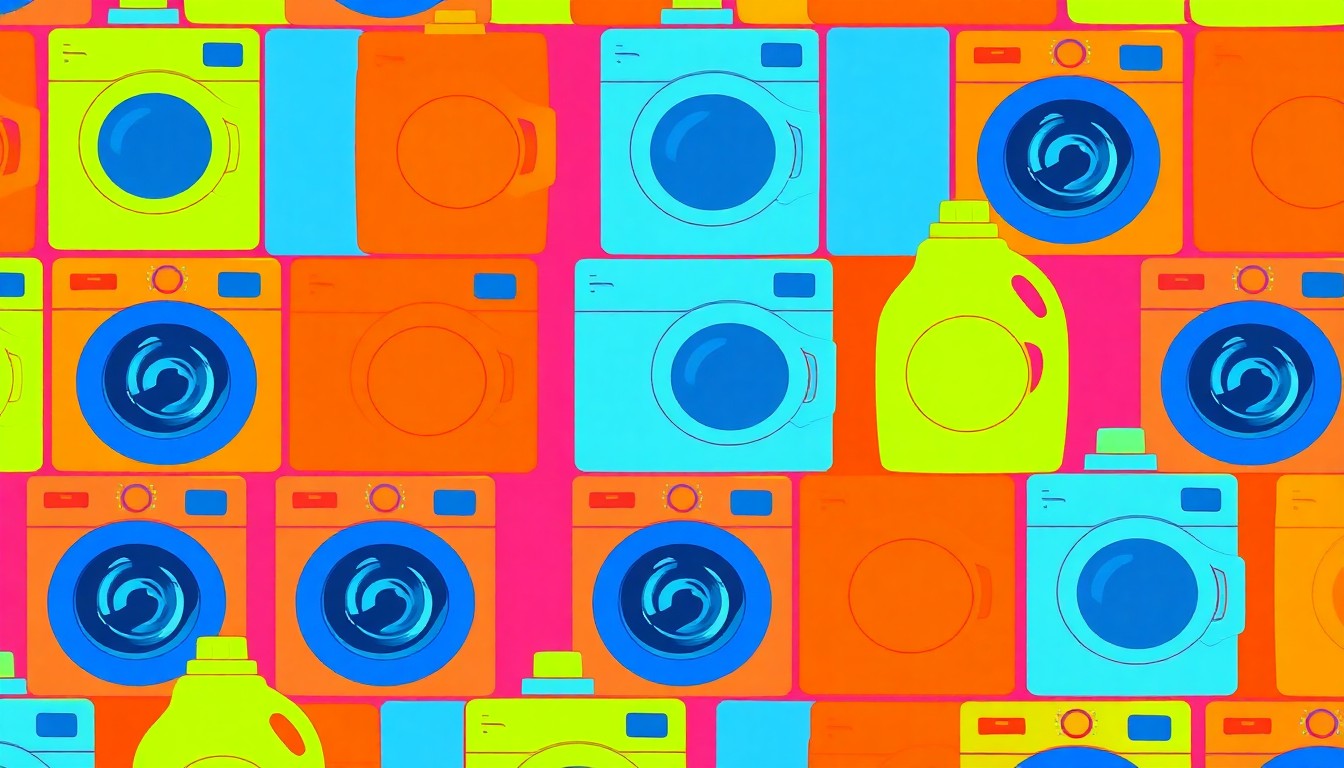 A bold, colorful silkscreen-style illustration featuring a repeating pattern of a single iconic laundry item, conceptually representing the celebratory launch of a new community-focused laundromat.