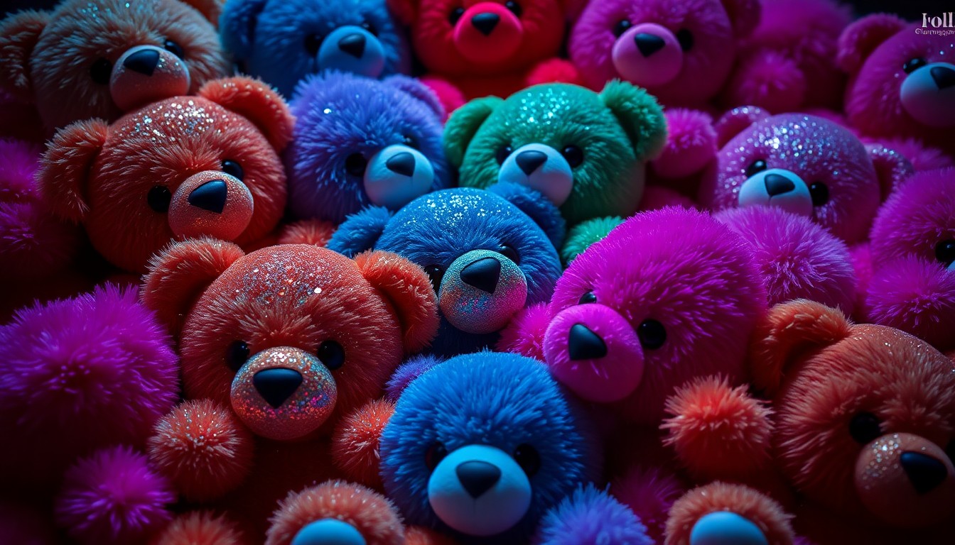 An extreme, abstract close-up photograph of a glittering pile of plush, colorful stuffed animals, capturing the luxurious and indulgent nature of Stormi Webster's toy collection.