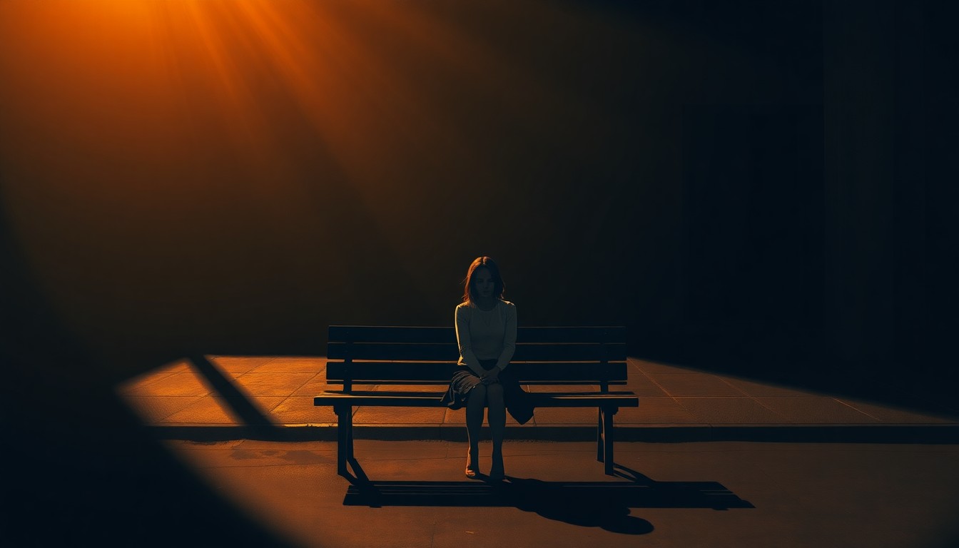 A quiet, cinematic painting of a solitary woman sitting alone on a bench in a dimly lit urban setting, bathed in warm, diagonal sunlight and deep shadows, conveying a sense of isolation and melancholy.