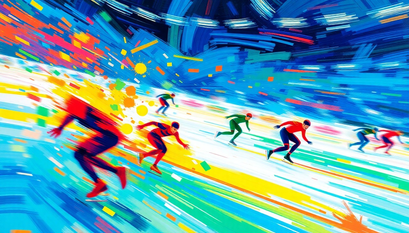 An abstract, expressionist painting featuring vibrant brushstrokes of neon blues, greens, and oranges, capturing the dynamic movement and energy of a speedskating competition.