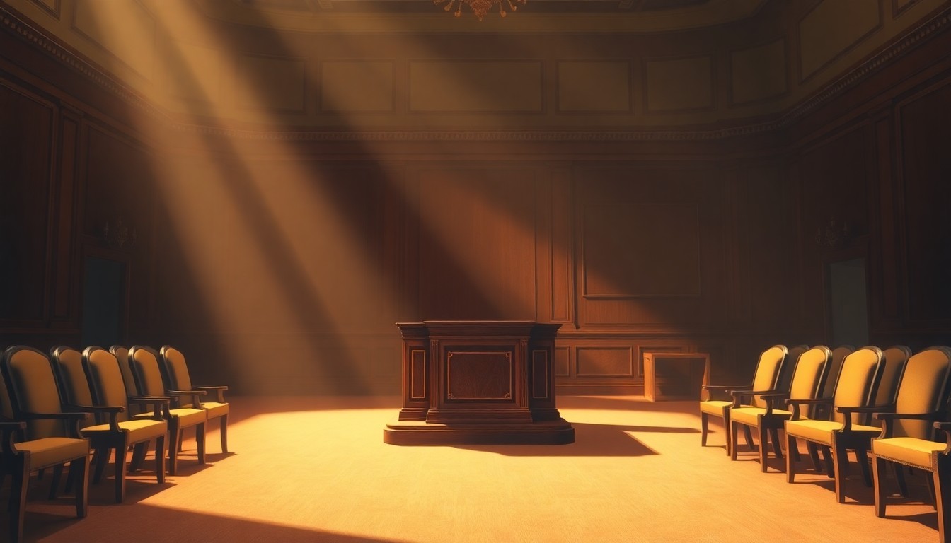 A quiet, cinematic painting of an empty congressional hearing room with an ornate wooden podium and chairs, bathed in warm, diagonal sunlight and deep shadows, conceptually illustrating the serious nature of the ethics investigation.