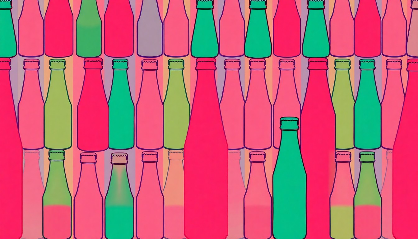 A vibrant, high-contrast silkscreen print of a single, iconic drink bottle or can repeated in a tight grid pattern, utilizing flat neon colors and heavy black outlines to transform an everyday consumer product into modern pop art.