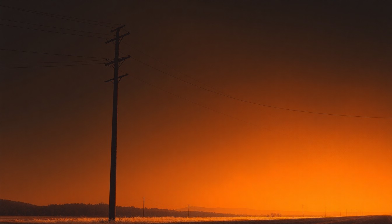 A serene, cinematic painting of a lone electrical substation or power line pole, its metallic surfaces and concrete foundation bathed in warm, angled sunlight and deep shadows, conceptually representing the political power and influence of regulated utility companies.