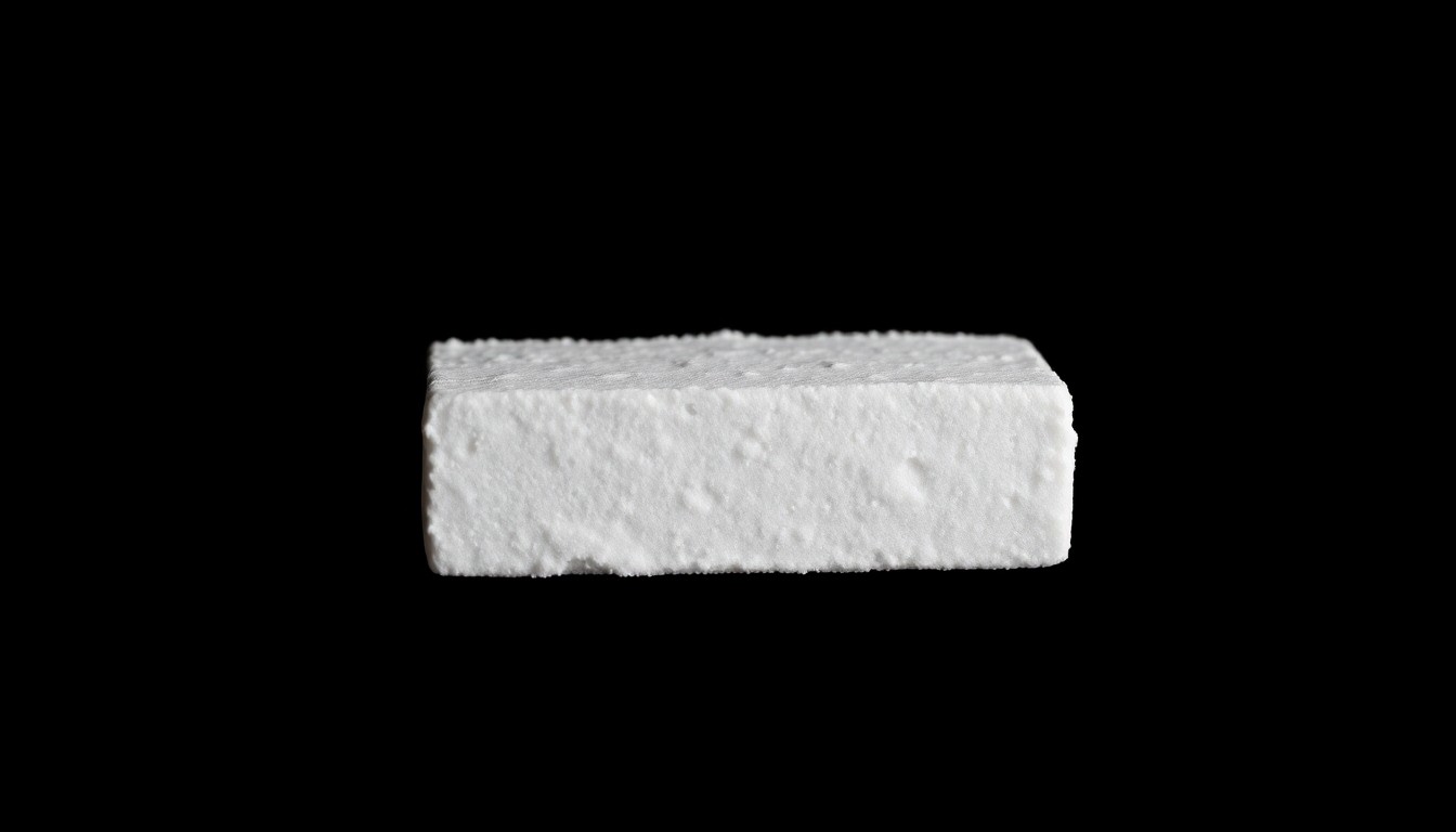 An extreme close-up photograph of a single brick of cocaine, its rough texture and edges sharply illuminated by a harsh flash against a pitch-black background, conceptually representing the gritty details of a major drug interdiction operation.