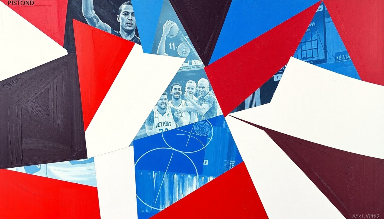 A cubist, geometric painting depicting a fragmented WNBA basketball game, with sharp planes of blue, red, and white colors representing the Detroit team colors.