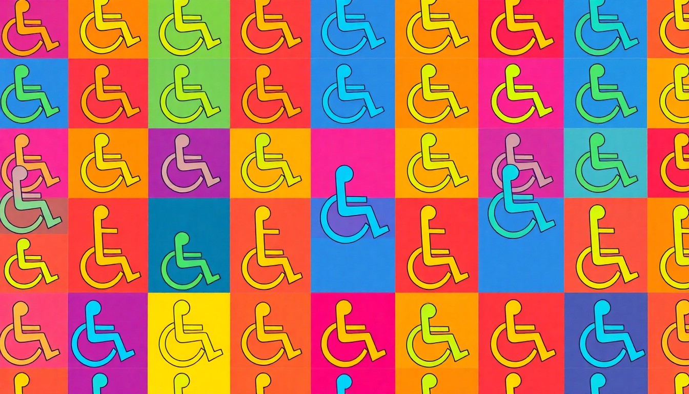 A bold, stylized silkscreen illustration featuring a wheelchair icon repeated in a grid pattern, using a bright neon color palette and heavy black outlines to transform an everyday accessibility symbol into a modern pop art design.