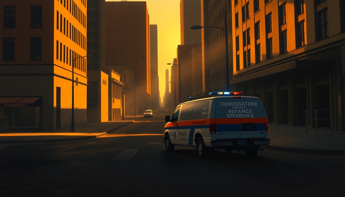 A photorealistic painting of a lone immigration enforcement vehicle parked on a deserted city street, with warm sunlight and deep shadows creating a contemplative, cinematic mood.