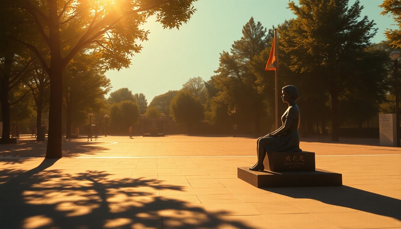 A detailed, realistic painting of a bronze statue of a seated girl in a public park, with warm sunlight filtering through the trees and creating deep shadows across the sculpture's surface, conveying a sense of quiet contemplation and historical weight.