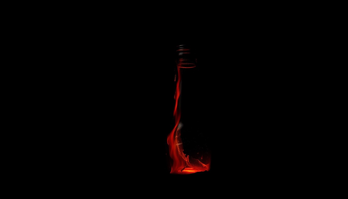 An extreme close-up of a partially melted, charred Molotov cocktail bottle, creating a stark, gritty, investigative aesthetic without any text or identifiable elements.