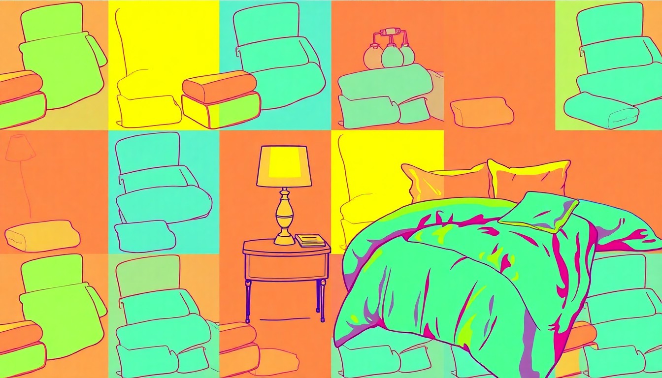 A high-contrast silkscreen print featuring a repeated pattern of a plush, colorful throw blanket in shades of pink, orange, and blue, conceptually representing the cozy, stylish accents that can transform a home into a relaxing, hotel-like oasis.