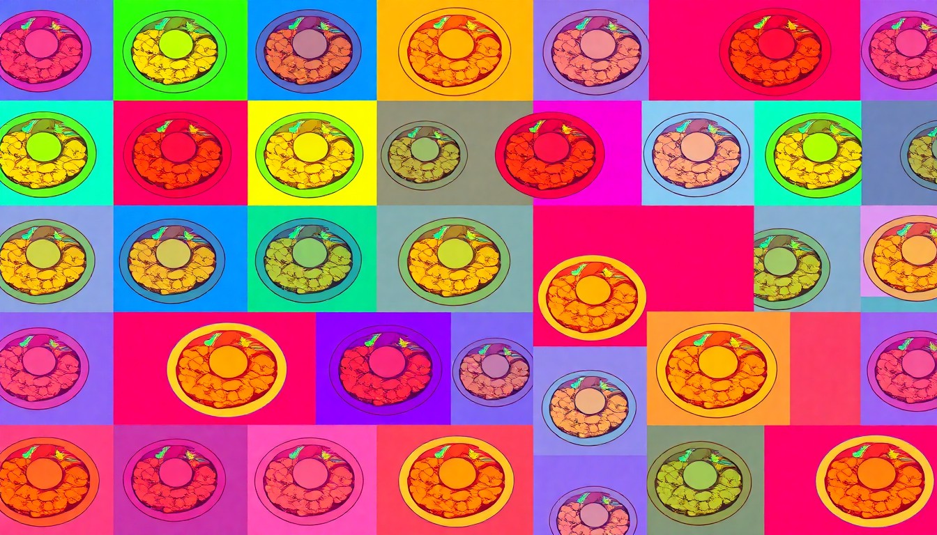 A high-contrast, silkscreen-style illustration of a South Indian dish, such as a dosa or curry, repeated in a vibrant, neon-colored grid pattern, capturing the modern, pop art aesthetic of Bangalore Blues' cuisine.