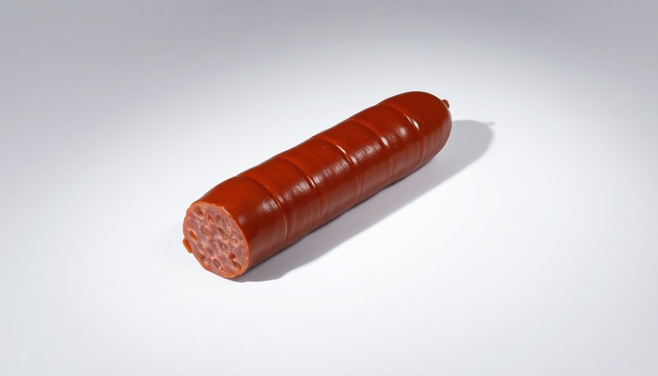 A photorealistic studio still-life photograph featuring a polished, chrome sausage link resting on a clean white background, with dramatic studio lighting casting deep shadows to symbolize the enduring legacy and premium quality of the Odom's Tennessee Pride Sausage brand.