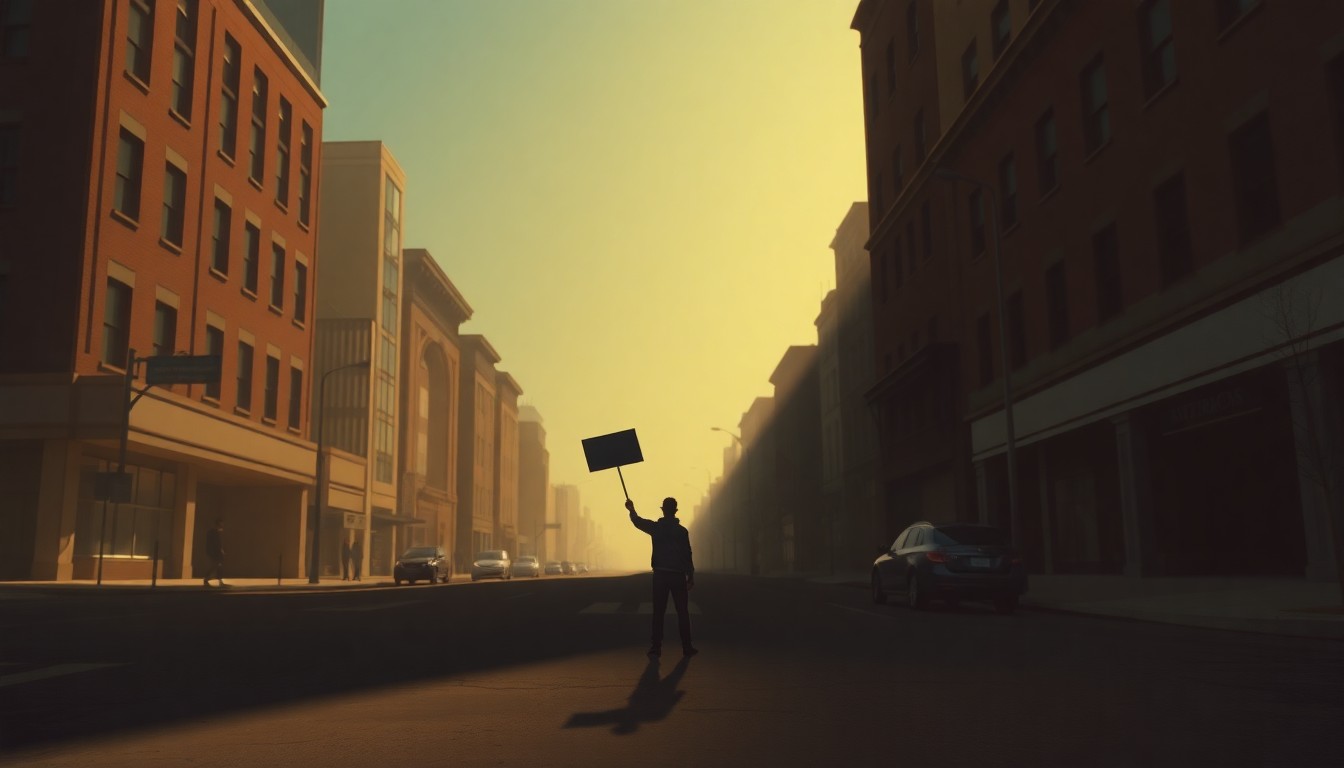 A solitary figure stands in the middle of an empty city street, the warm glow of the sun casting long shadows across the pavement, capturing the quiet contemplation and unresolved tensions of a political protest.