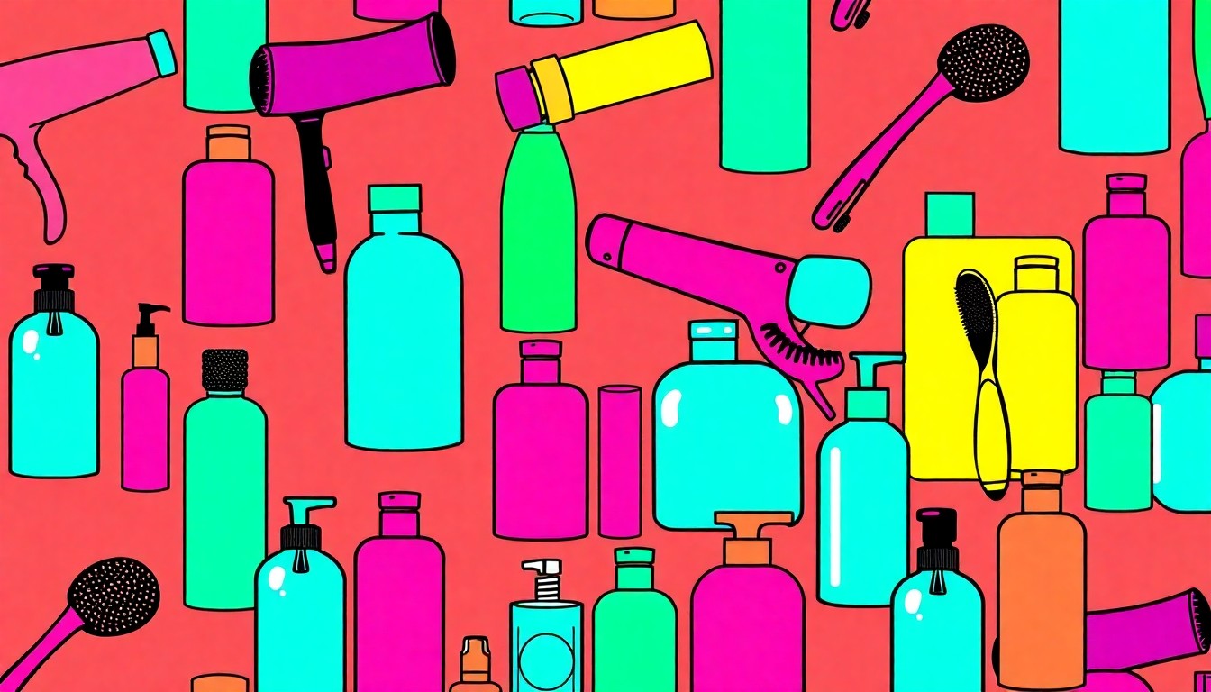 A high-contrast, silkscreen-style illustration featuring a repeating grid of colorful salon objects like hairdryers and makeup brushes, conceptually representing the revitalization of a historic building into a thriving local business.