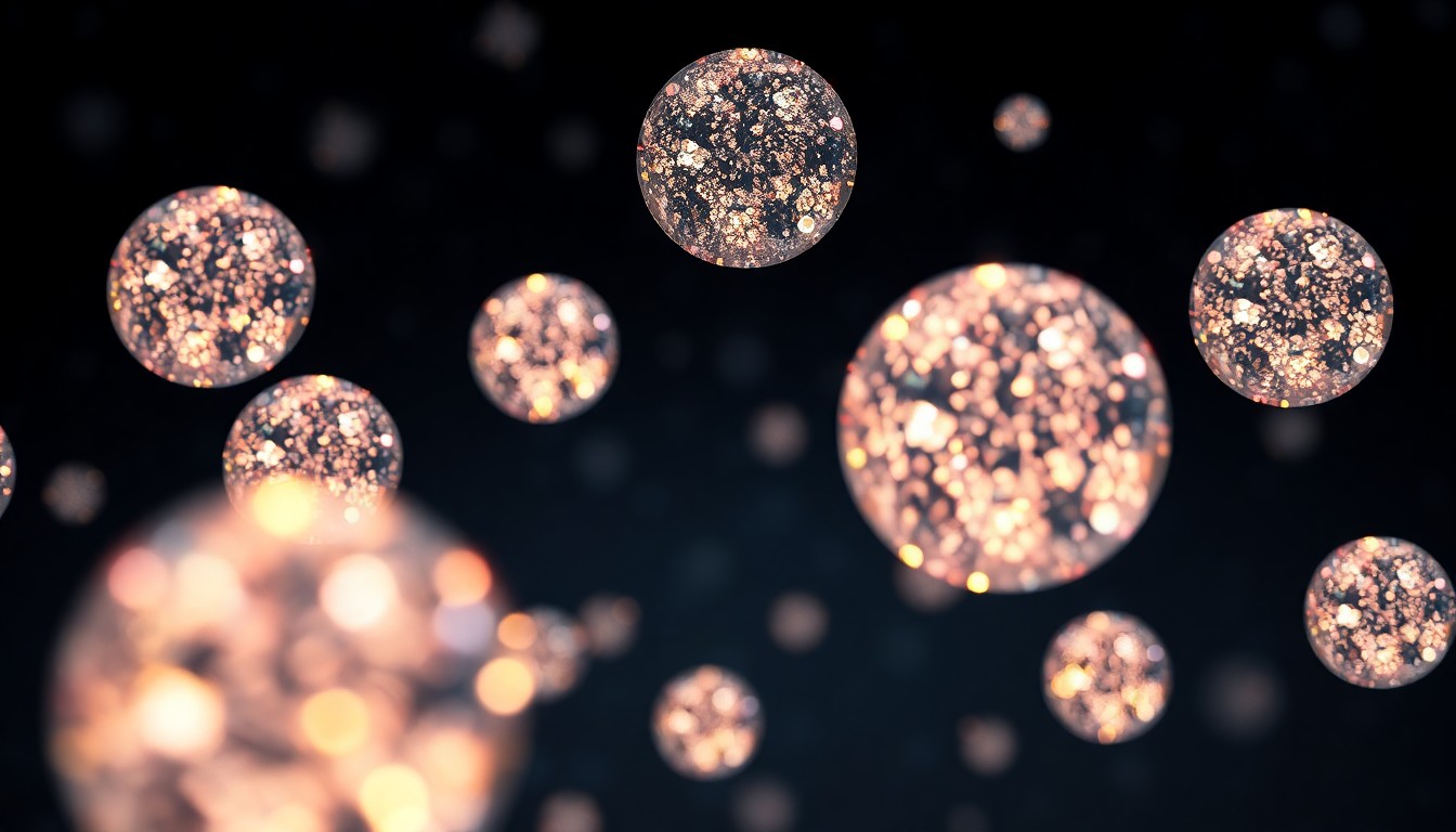 An abstract, high-contrast close-up photograph of shimmering, multicolored orbs of light suspended against a dark night sky, conceptually representing the mysterious UFOs Kacey Musgraves claims to have witnessed.