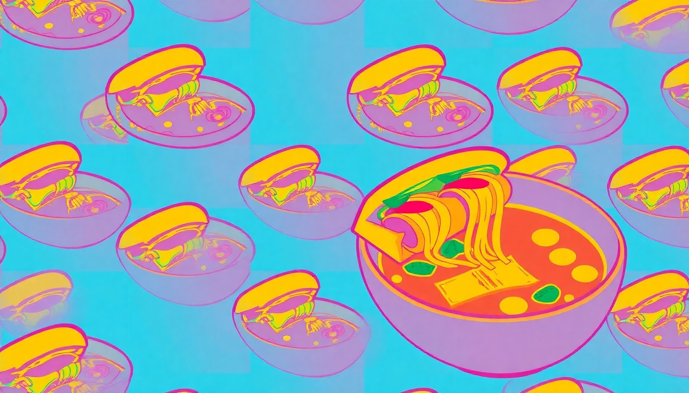 A vibrant, high-contrast silkscreen print of a Vietnamese dish, such as a banh mi sandwich or a bowl of pho, repeated in a grid pattern with bold, neon-like colors and heavy black outlines, capturing the playful and innovative spirit of Moon Rabbit's cuisine.