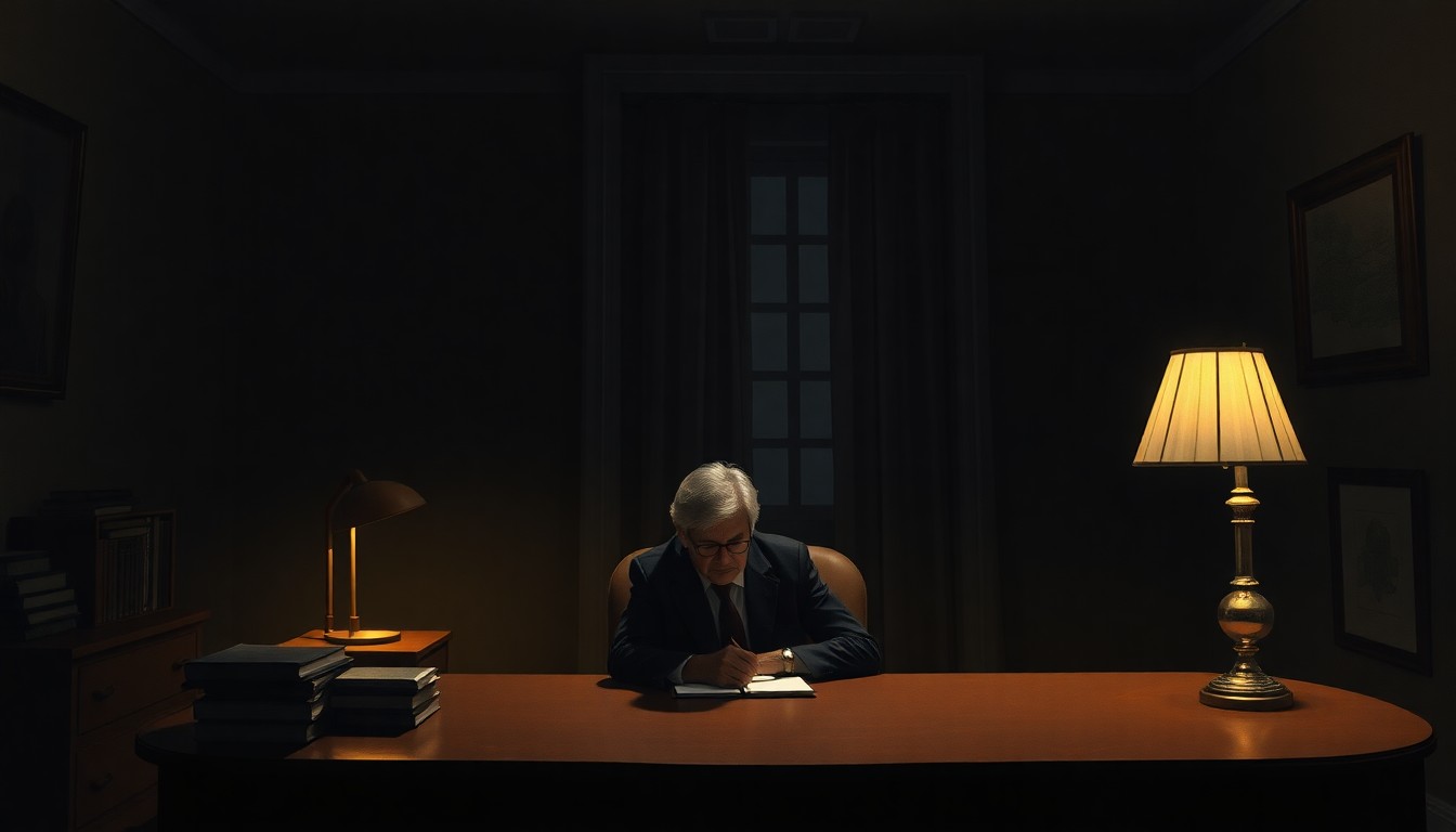 A cinematic painting in the style of Edward Hopper, depicting a solitary figure seated at a desk in a dimly lit, mid-century office, the warm glow of a desk lamp casting deep shadows across the room, capturing the introspective mood of a political spouse navigating the complexities of public life.
