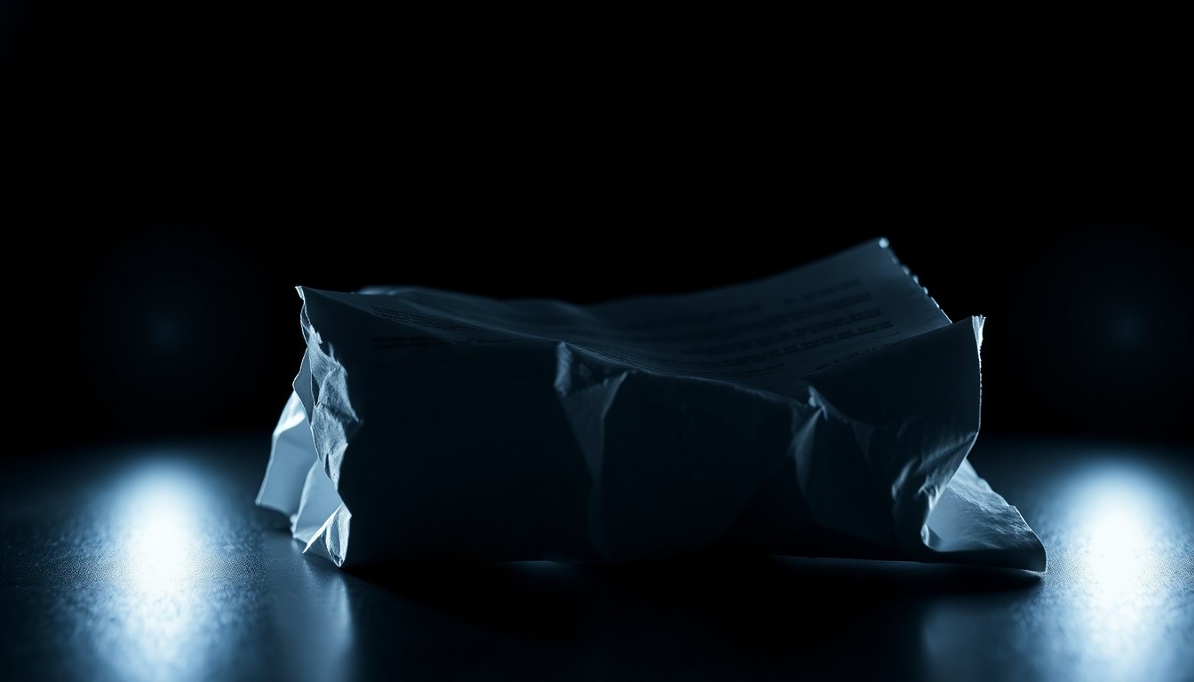 An extreme close-up of a crumpled legal document or court paperwork, the harsh flash illuminating the textured surface and creating a stark, dramatic mood without any visible words or symbols.