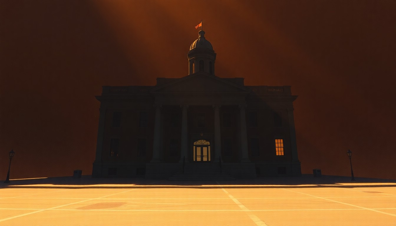 A photorealistic painting of the Newark City Hall building, its facade cast in warm, golden light with deep shadows, conveying a sense of quiet unease and political tension.