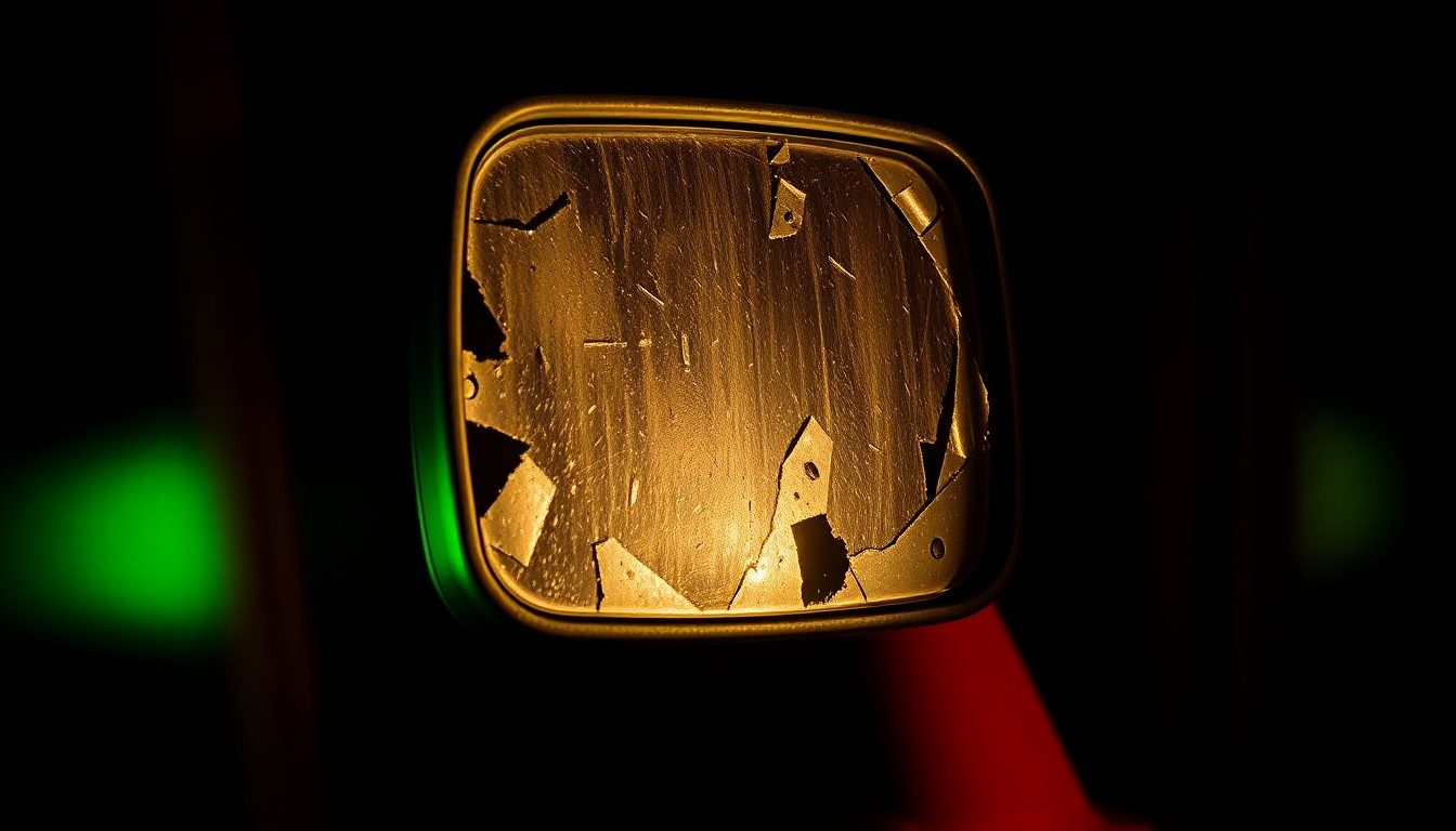 An extreme close-up photograph of a damaged fire engine side mirror, the harsh flash illuminating the scarred and dented surface, conveying a sense of the gritty, investigative nature of this crime.