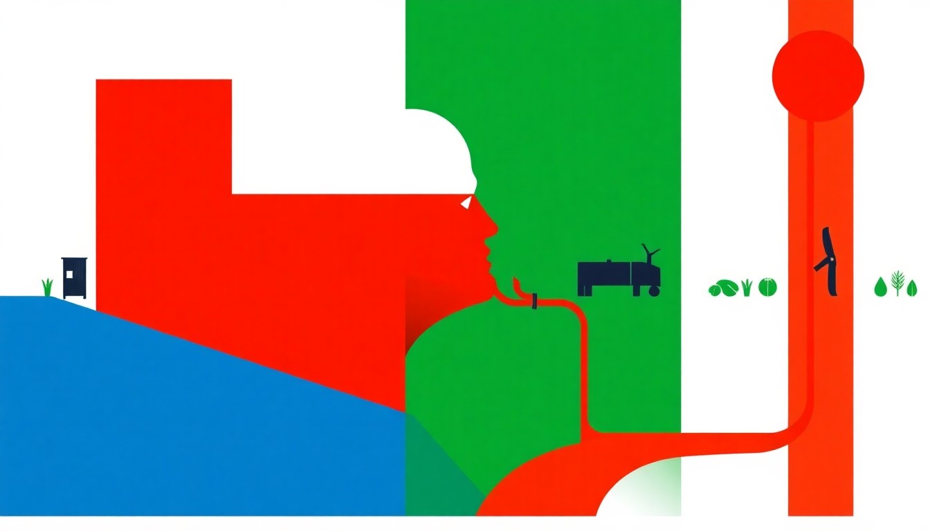 A conceptual illustration in the style of the Bauhaus artist Herbert Bayer, featuring bold geometric shapes in shades of blue, yellow, and red to represent the disruption to global agricultural supply chains caused by the Iran war's impact on energy and fertilizer flows.