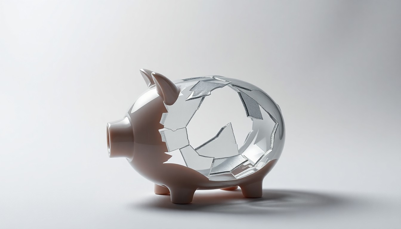 A photorealistic studio still-life image of a shattered glass piggy bank, symbolizing the financial losses experienced by Grocery Outlet investors due to the company's rapid and unsustainable expansion.