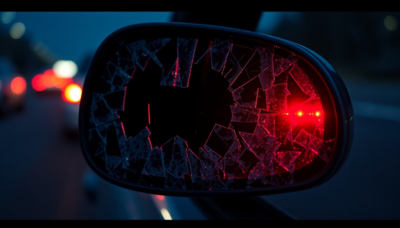 An extreme close-up photograph of a shattered car side mirror reflecting the faint glow of red taillights, conceptually illustrating the aftermath of a hit-and-run crash.