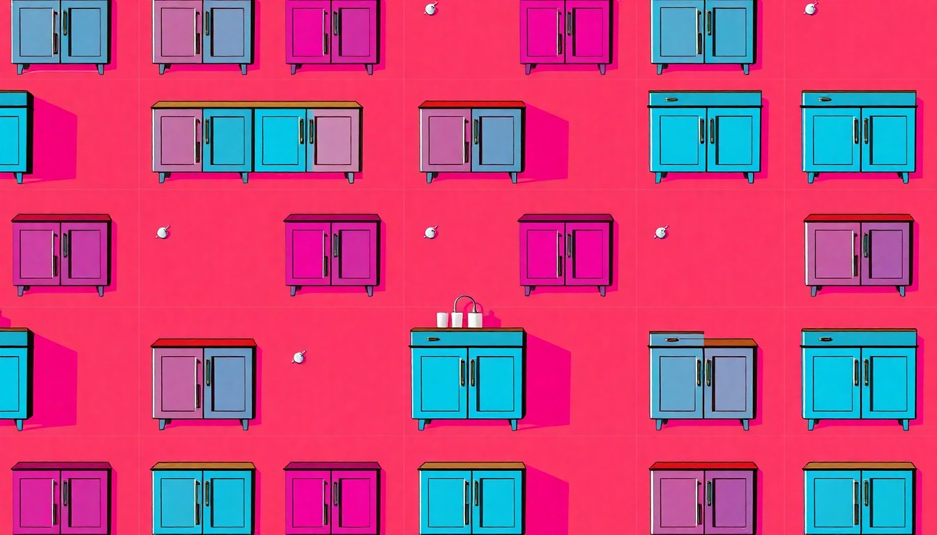 A high-contrast, silkscreen-style illustration featuring a repeating pattern of a bathroom vanity cabinet in a grid, rendered in a bold, neon color palette that transforms the everyday object into a work of modern pop art.