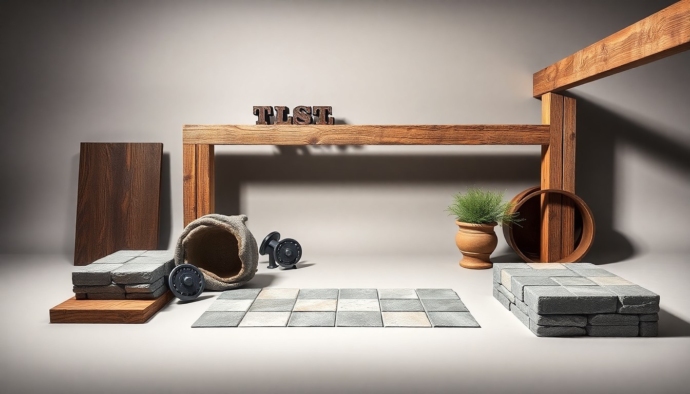 A high-end studio still life featuring a collection of weathered wood beams, decorative stone pavers, and metal hardware arranged elegantly on a clean, monochromatic background, conceptually representing the craftsmanship and attention to detail in Keathley Landscaping's custom outdoor structures.