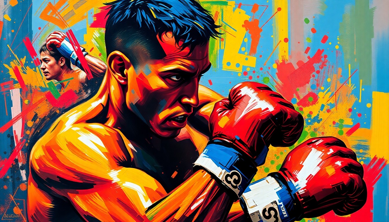 An abstract, expressionist painting in vibrant neon colors and rapid brushstrokes, conceptually representing the raw power and energy of a mixed martial arts fighter.