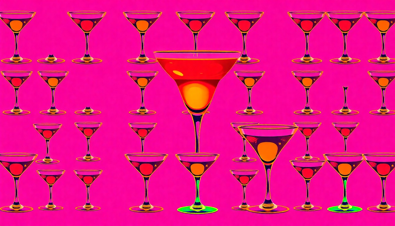 A highly stylized, silkscreen-inspired illustration featuring a repeating pattern of a single cocktail glass in vibrant neon colors and bold black outlines, conceptually representing the sustainable and innovative Second Bloom cocktail.