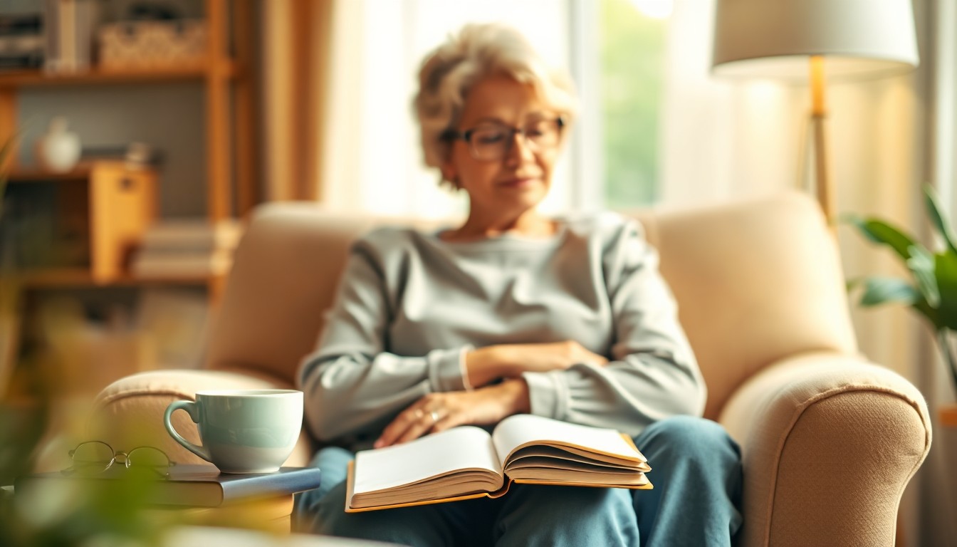 A blurred, intimate photograph of a caregiver's personal space, conveying a sense of rest and self-care through the soft, warm-toned lifestyle objects in the frame.