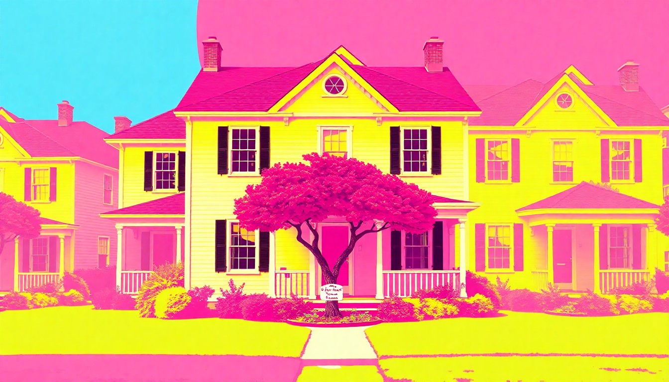 A brightly colored, high-contrast silkscreen print of a historic coastal home with a 'Bride and Groom' tree in the front yard, repeated in a tight grid pattern, conceptually representing the property's blend of modern and historic elements.