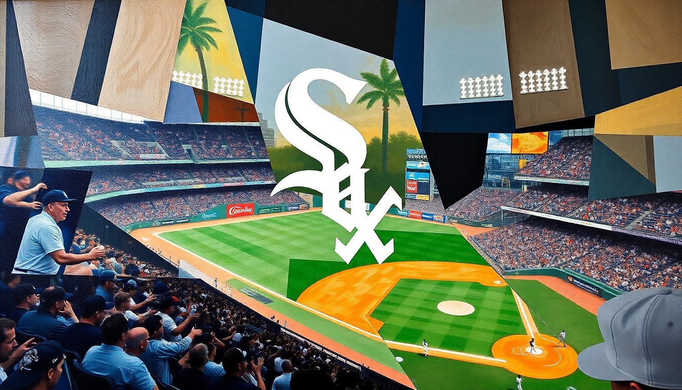 A fragmented, geometric painting in the style of Pablo Picasso, depicting a baseball game or match between the Chicago White Sox and another team. The painting features the White Sox logo and colors, as well as the distinctive pope's miter hat design, broken down into sharp, overlapping planes of color and shape.
