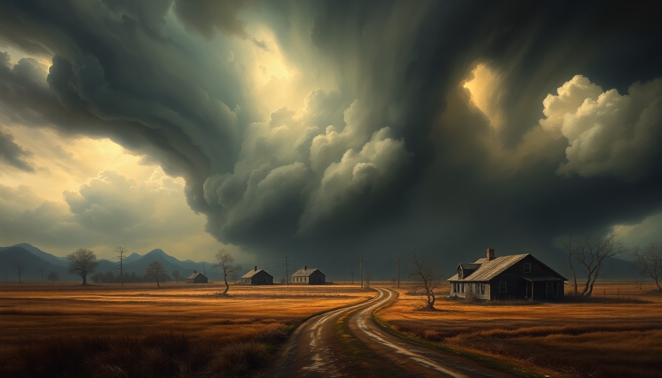 A sweeping, atmospheric landscape painting depicting the aftermath of a powerful tornado in rural Arkansas, with damaged structures and debris dwarfed by the overwhelming scale of the natural disaster.