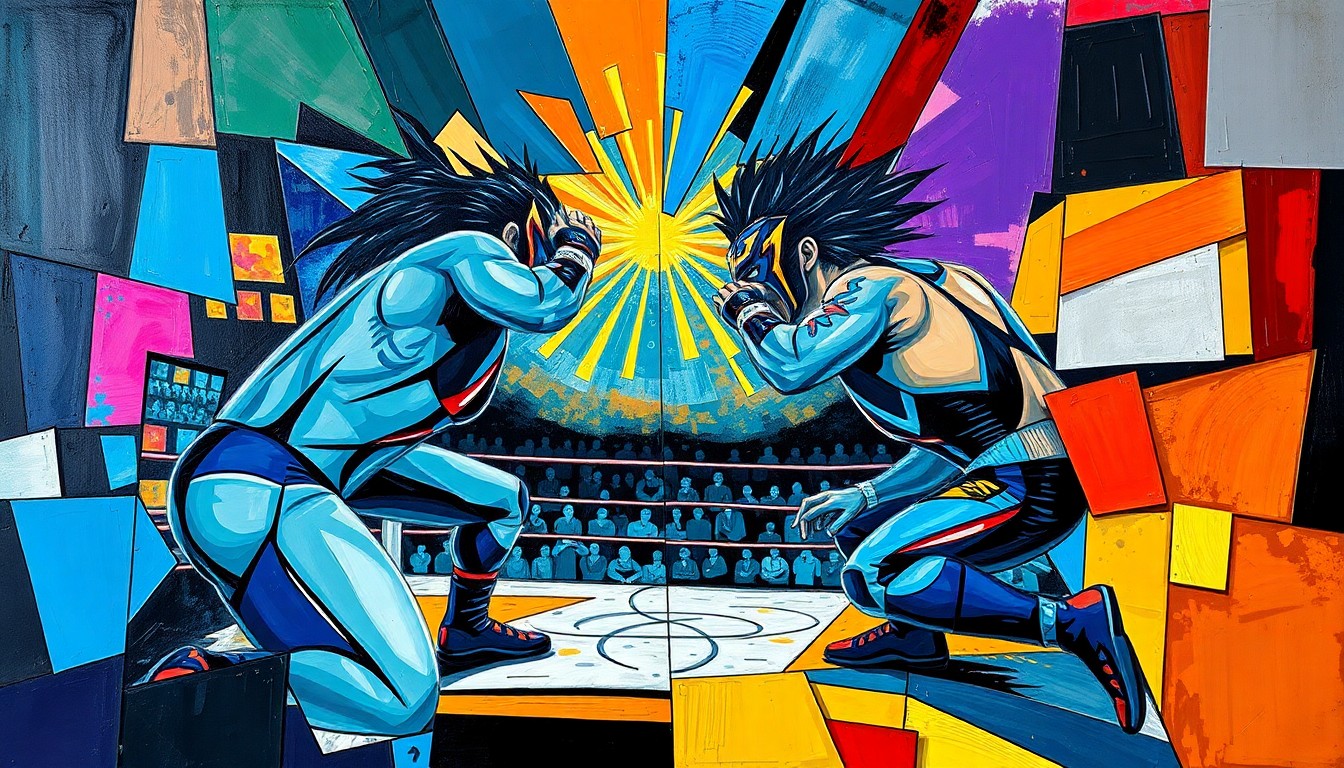 A cubist, geometric painting depicting a wrestling match between two female wrestlers, with the figures broken down into sharp, overlapping planes of color and form, conveying the dynamic energy and uncertainty of the situation.