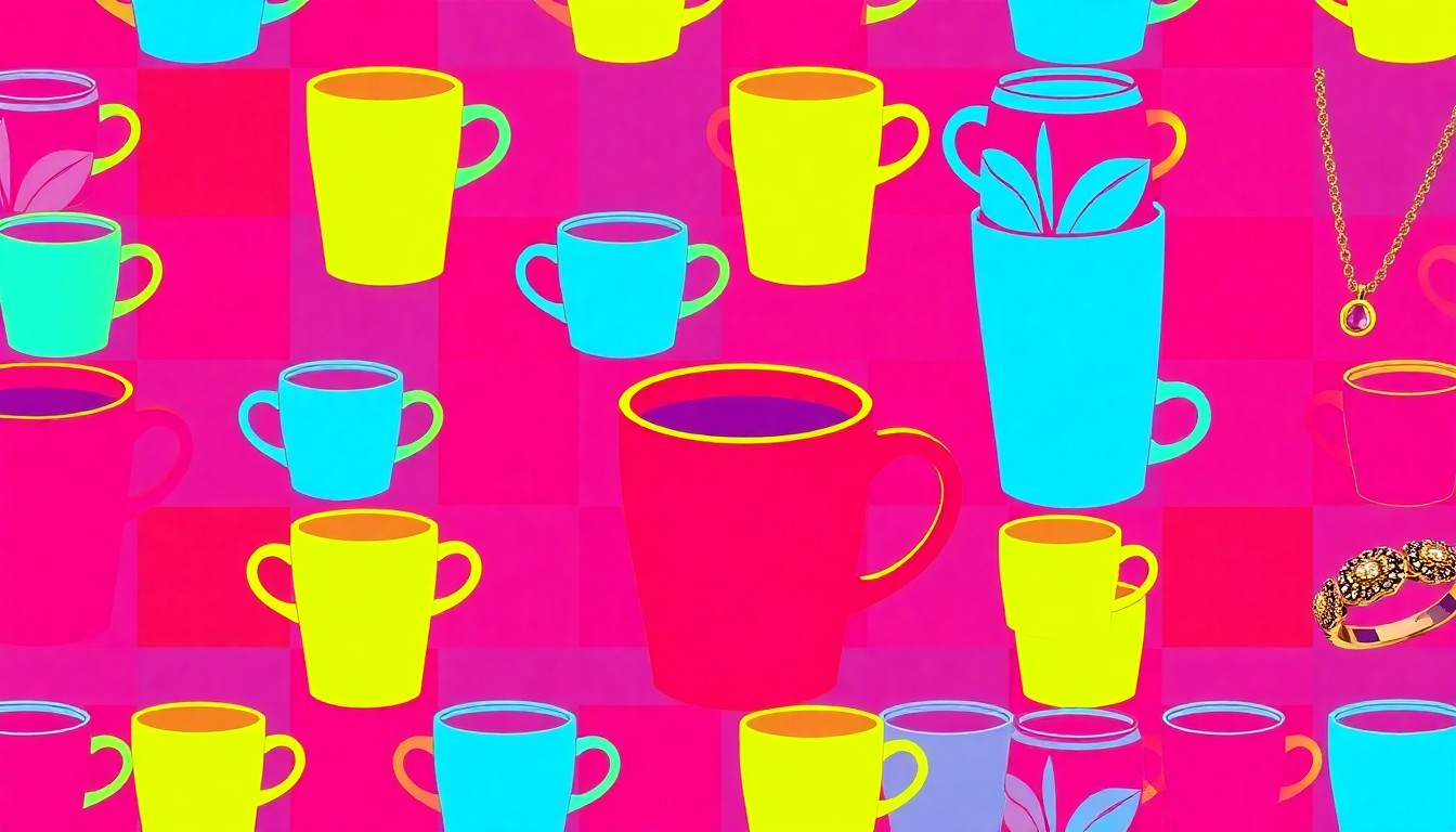 A bold, colorful silkscreen print featuring a repeated pattern of a single, iconic lifestyle object like a coffee cup or piece of jewelry, conceptually representing the evolving nature of modern relationships and marriage.