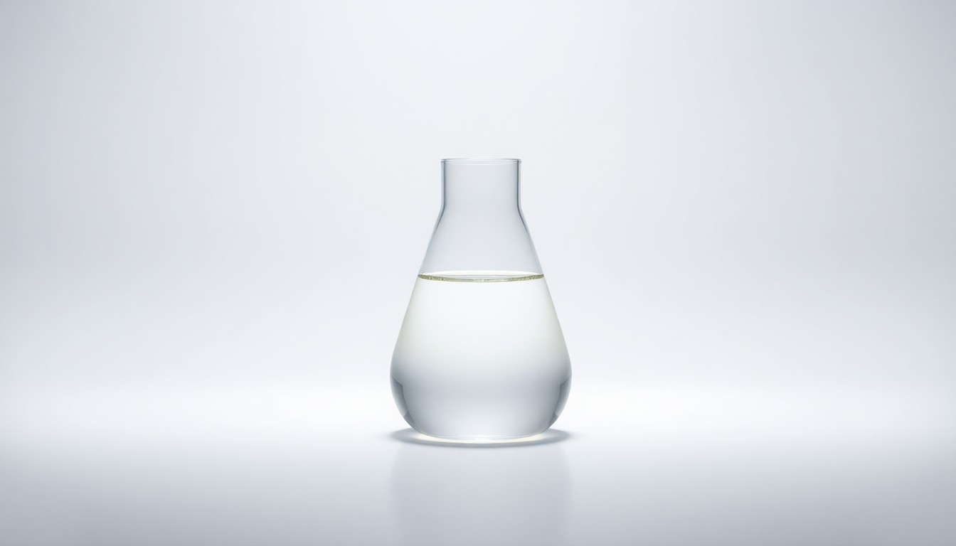 A photorealistic studio still life featuring a single glass beaker filled with a clear liquid, illuminated by dramatic lighting to symbolize the abstract concepts of pharmaceutical development, investor scrutiny, and corporate transparency.