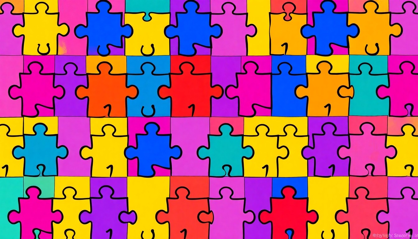 A brightly colored, high-contrast silkscreen print of an iconic autism awareness symbol, such as a puzzle piece or the color blue, repeated in a tight grid pattern, conceptually representing the varied perspectives and experiences of those on the autism spectrum.