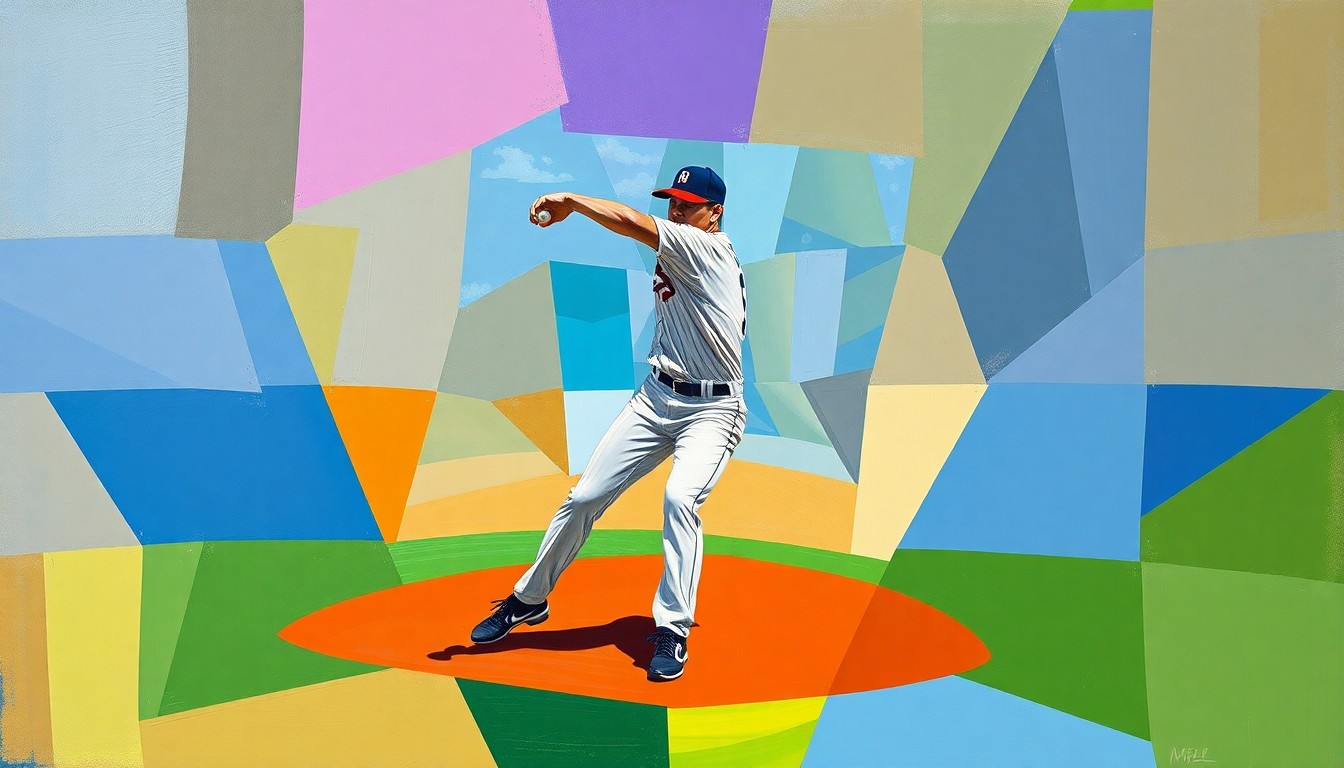 A fragmented, geometric painting depicting a baseball pitcher's windup and delivery, with sharp planes and overlapping perspectives conveying the raw athleticism and movement of the game.