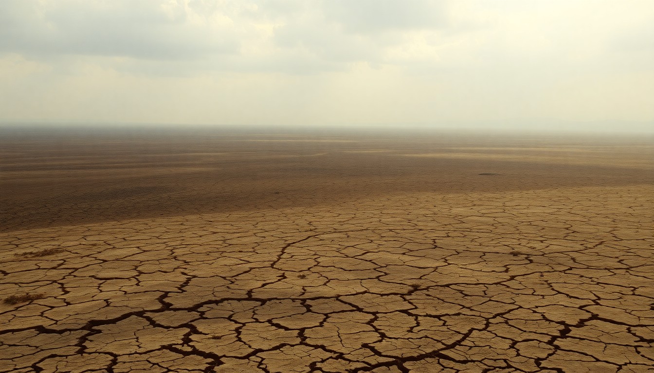 A vast, atmospheric landscape painting in muted earth tones, with a cracked, dry riverbed dominating the foreground and a hazy, overcast sky in the distance, conveying the overwhelming scale and melancholy of the drought's impact on the region.